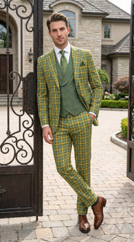 Men’s Blue and Gold Windowpane Plaid 3 Piece Wool Suit with Double Breasted Vest