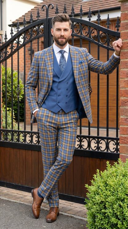 Statement - Men’s Blue and Gold Windowpane Plaid 3 Piece Wool Suit with Double Breasted Vest Modern Fit