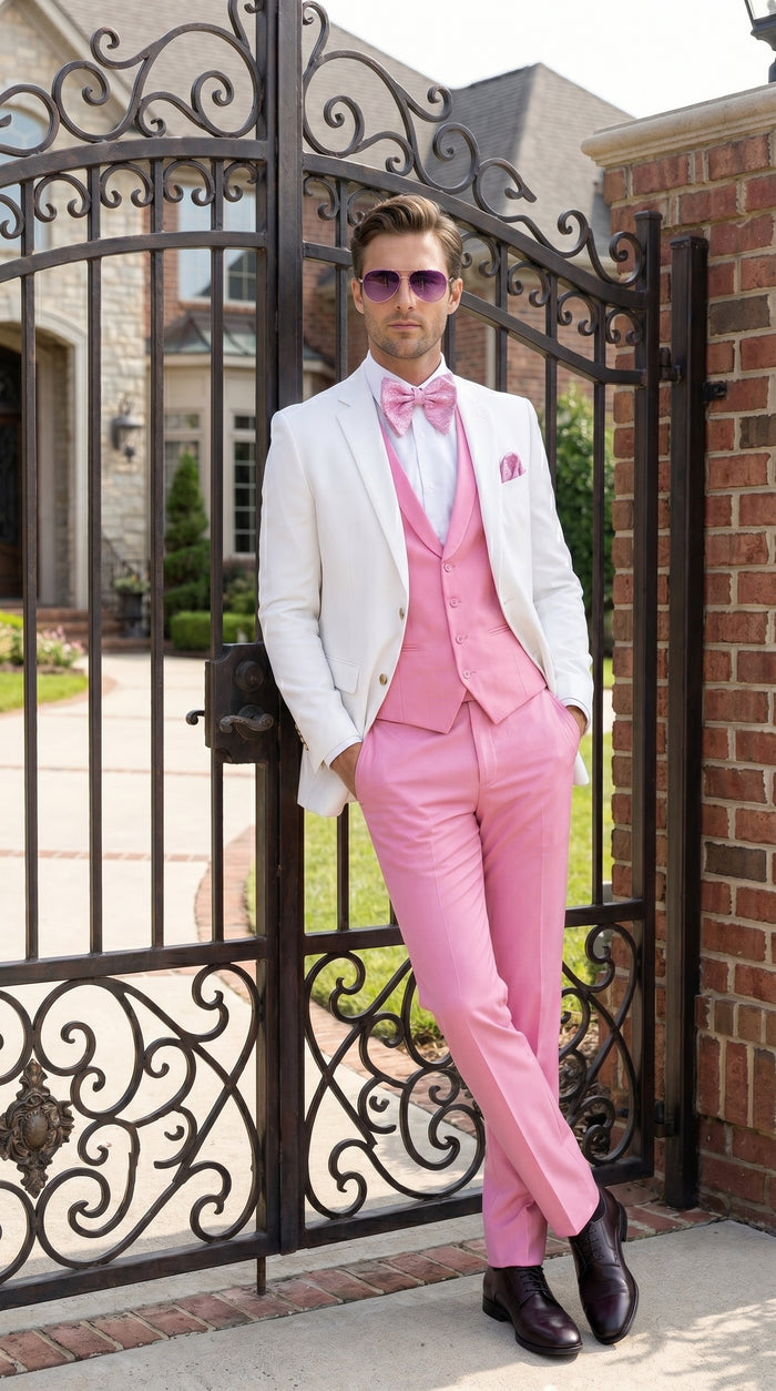 Men’s White and Light Pink Tuxedo Wedding Suit with Dinner Jacket, Vest, Pants and Bow Tie