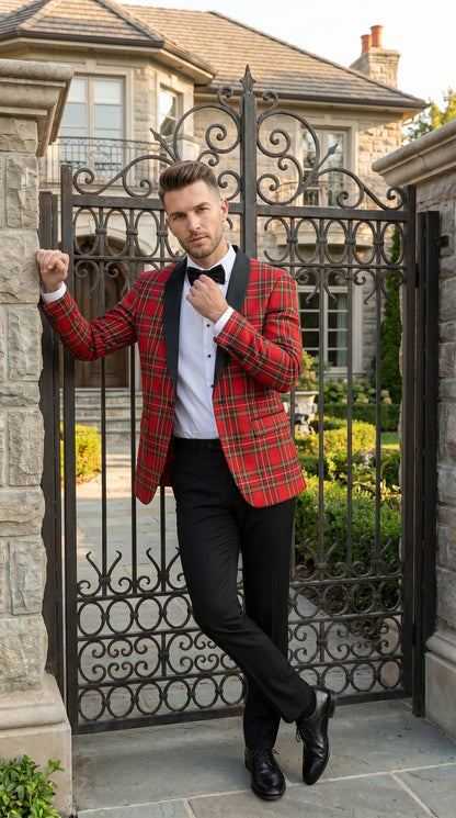 Men’s Red Tartan Plaid Tuxedo Jacket with Black Shawl Lapel, Holiday Christmas Wedding Prom Blazer
