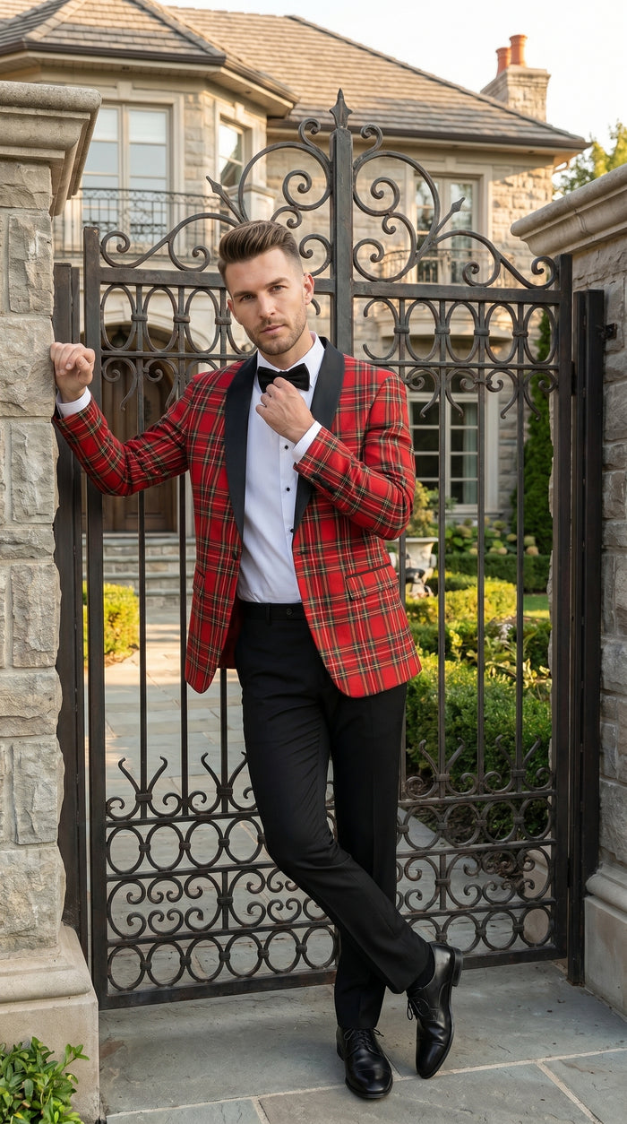 Men’s Red Tartan Plaid Tuxedo Jacket with Black Shawl Lapel, Holiday Christmas Wedding Prom Blazer