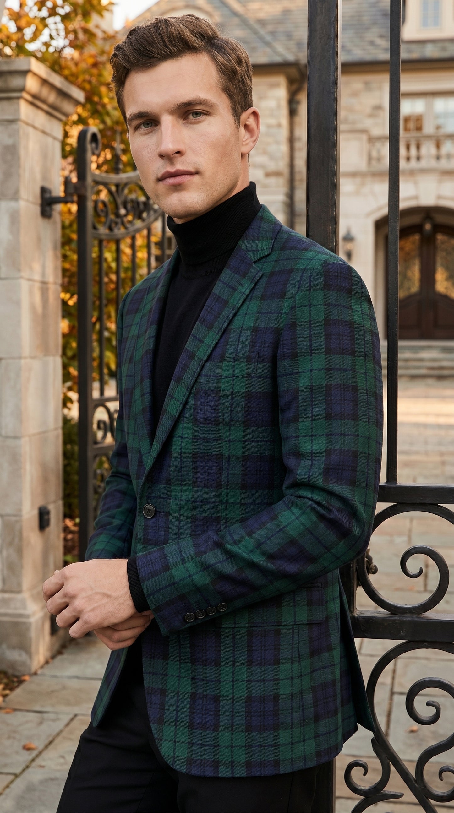 Men’s Green Tartan Plaid Dinner Jacket with Notch Lapel, Formal Sportcoat Blazer