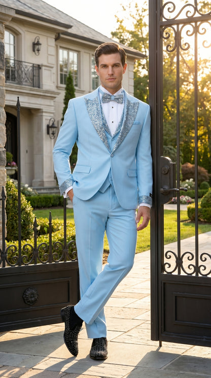Men’s Baby Blue Prom Tuxedo with Vested Suit, Rhinestone Sequin Lapel and Matching Pants