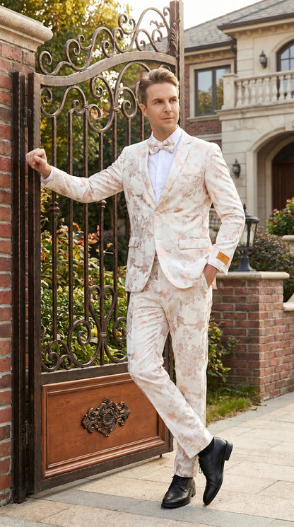 Men’s Gold and White Prom Suit with Floral Pattern Jacket, Matching Pants and Bow Tie Modern Fit