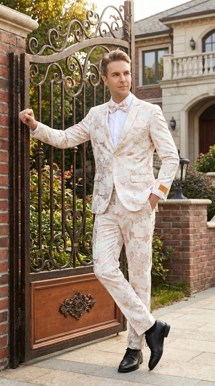 Men’s Gold and White Prom Suit with Floral Pattern Jacket, Matching Pants and Bow Tie Modern Fit