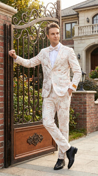 Men’s Gold and White Prom Suit with Floral Pattern Jacket, Matching Pants and Bow Tie
