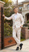 Men’s Gold and White Prom Suit with Floral Pattern Jacket, Matching Pants and Bow Tie