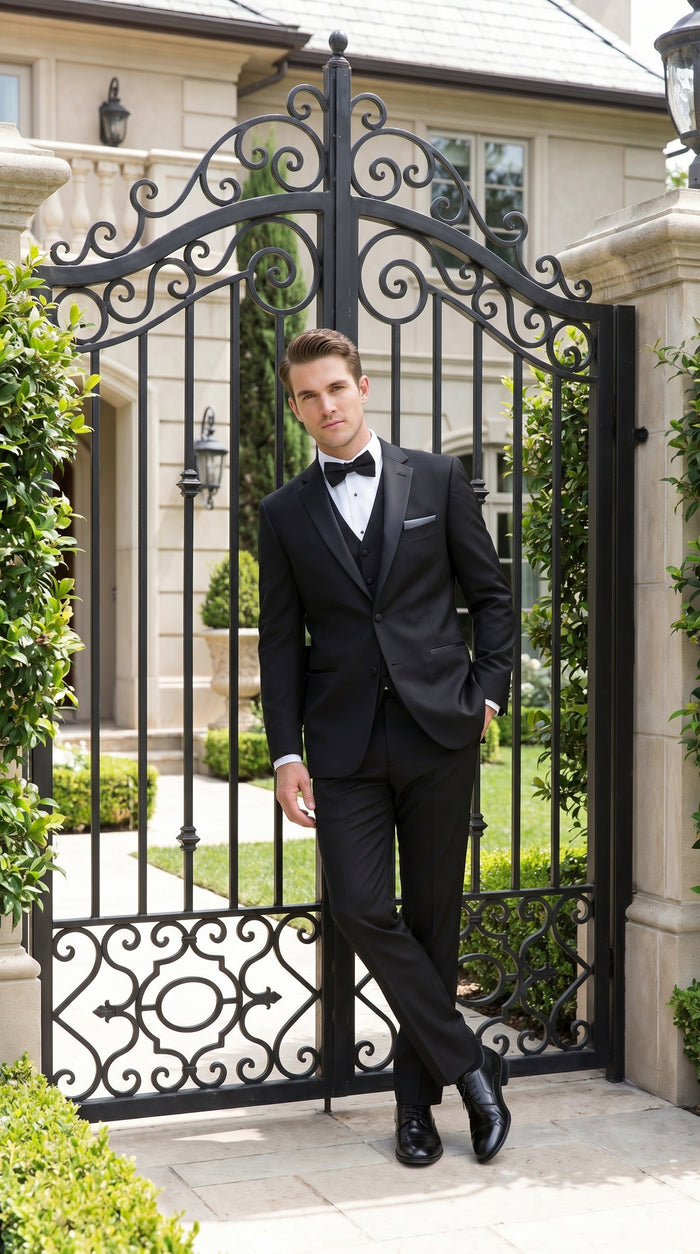 Men’s Black 2 Button Classic Vested Wedding Tuxedo with Satin Lapel and Matching Pants