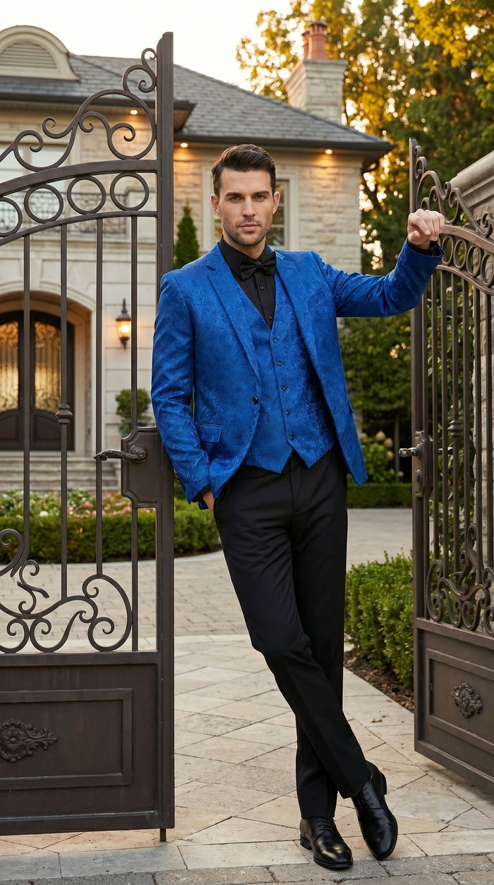 Men’s Royal Blue Indigo Paisley Prom Tuxedo Suit with Floral Jacket, Vest and Pants