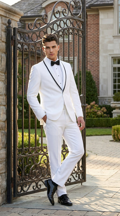 Men’s Waverly White 1 Button Shawl Tuxedo Jacket with Black Trim, Ike Evening Formal Blazer