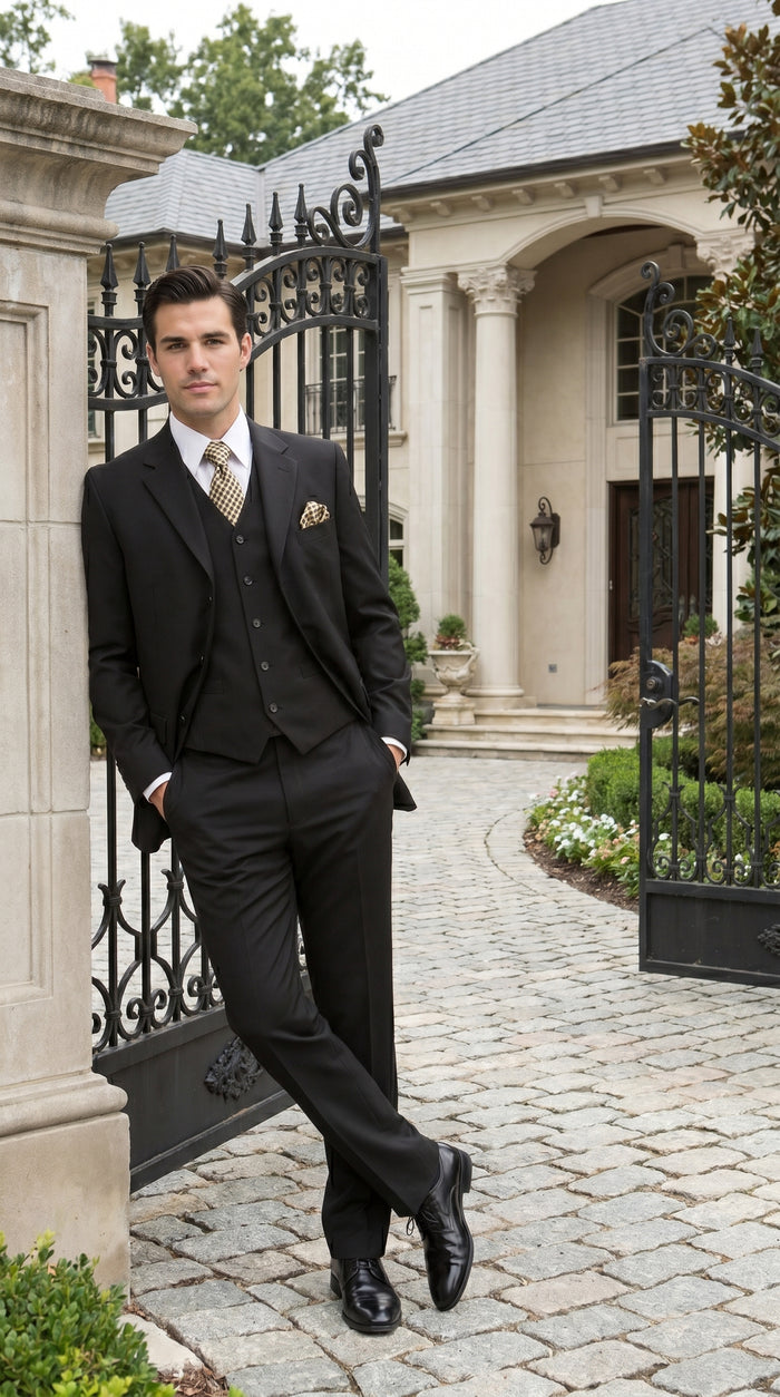 Men’s Black Three Button Poplin Suit with Classic Jacket and Pleated Pants, Formal Dress Suit