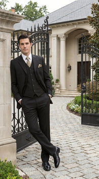 Men’s Black Three Button Poplin Suit with Classic Jacket and Pleated Pants, Formal Dress Suit