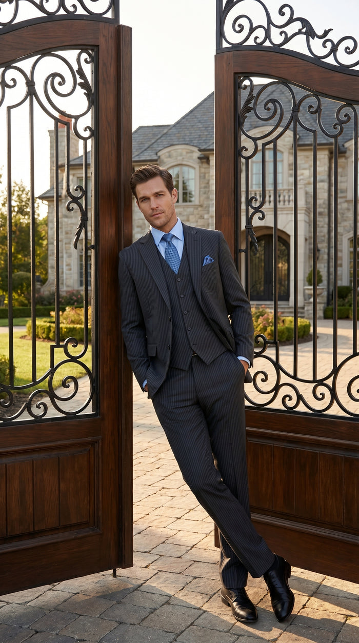 Men’s Charcoal Gray Pinstripe 3 Piece Vested Suit with 2 or 3 Button Jacket, Formal Dress Suit