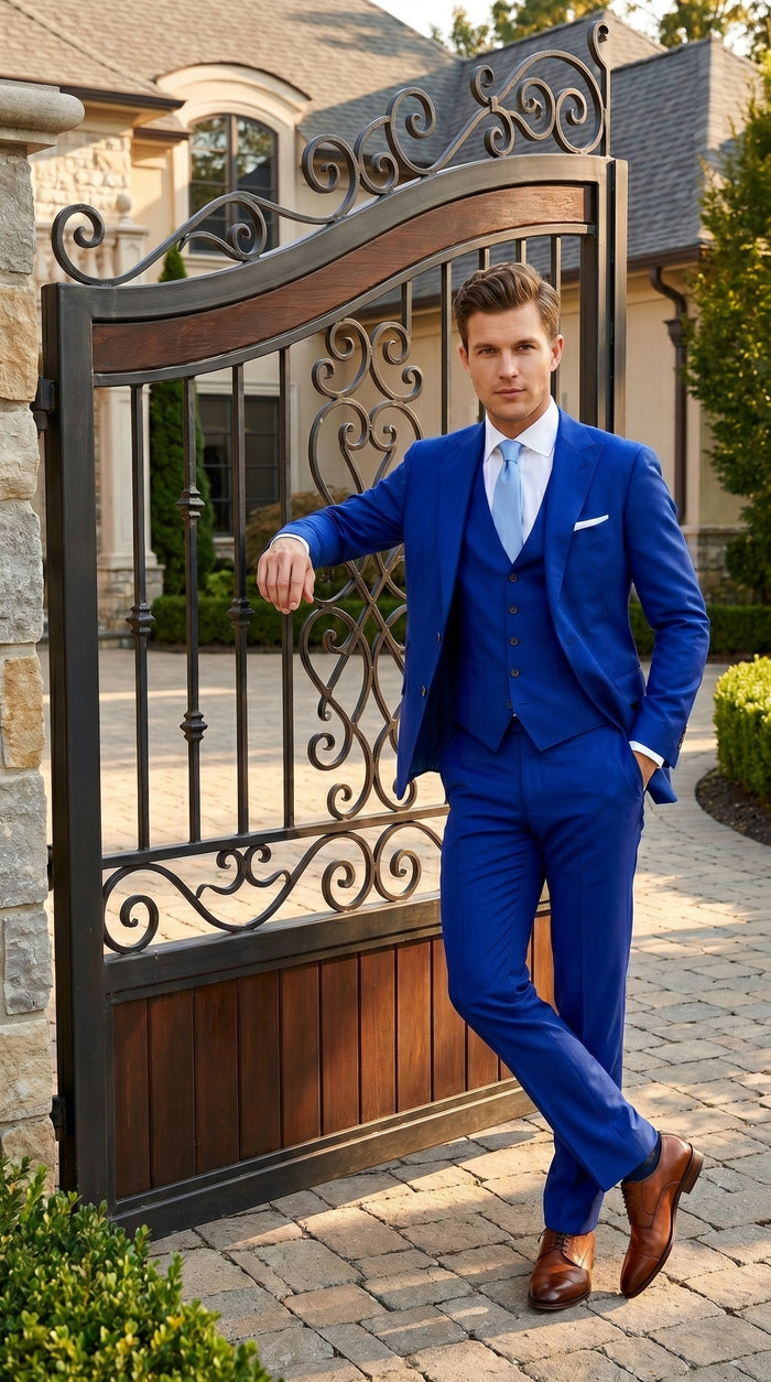 Men’s Electric Royal Blue Suit with Two Flap Front Pockets, Formal Wedding Prom Dress Suit