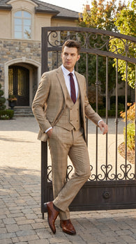 Men’s Camel Plaid Windowpane Vested Suit with 2 Button Jacket, Peak Lapel and Matching Pants