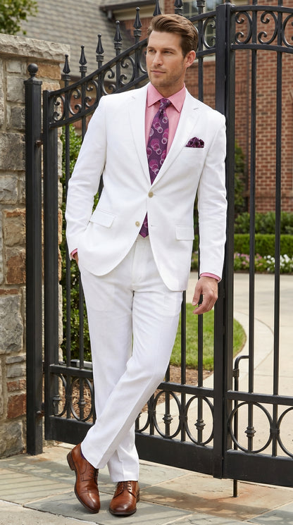 Men’s White Linen 2 Piece Suit with Two Button Jacket, Side Vents and Matching Pants