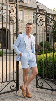 Men’s Light Blue Seersucker Suit with Shorts, Summer Mini Pinstripe Casual Dress Outfit