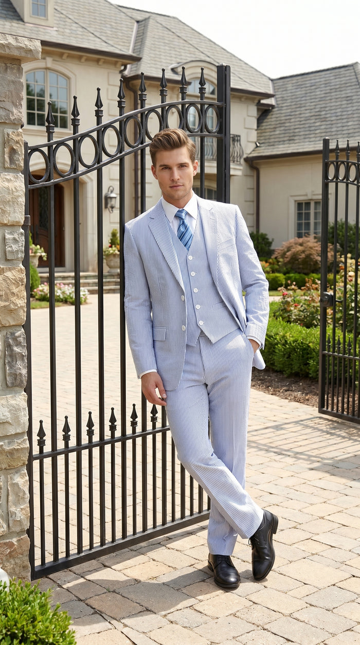 Men’s Light Blue Seersucker Suit with Jacket, Vest and Pants, High Quality Summer Dress Suit