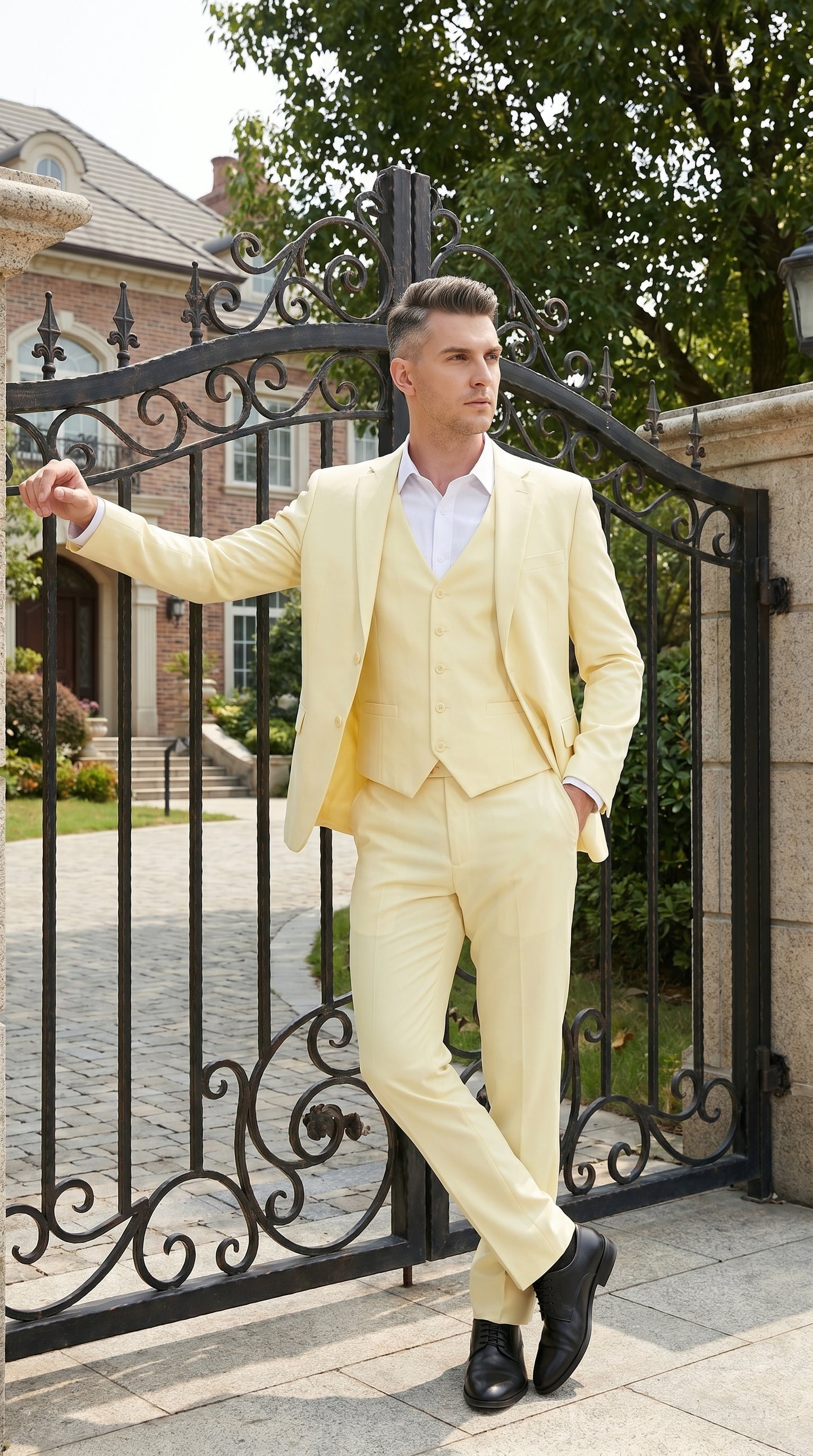 Men’s Yellow Seersucker Suit with Jacket, Vest and Pants, Summer Wedding Prom Dress Suit Modern Fit