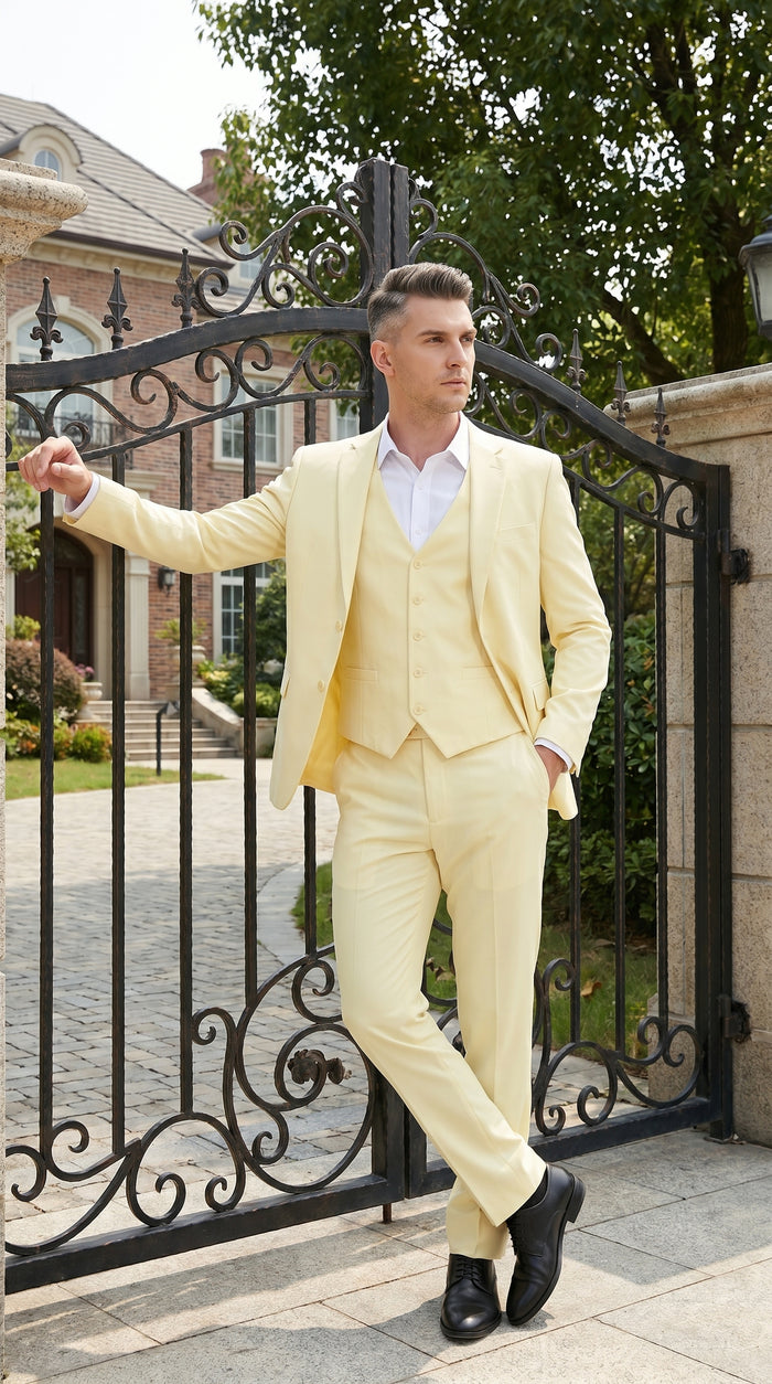 Men’s Yellow Seersucker Suit with Jacket, Vest and Pants, Summer Wedding Prom Dress Suit Modern Fit