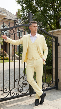 Men’s Yellow Seersucker Suit with Jacket, Vest and Pants, Summer Wedding Prom Dress Suit
