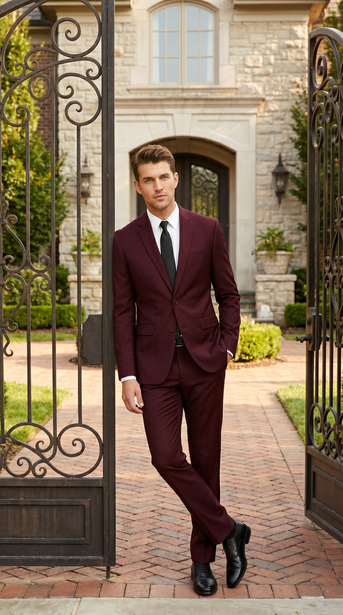 Men’s Burgundy Maroon Wine Suit with 2 Button Jacket and Matching Pants, Formal Wedding Dress Suit
