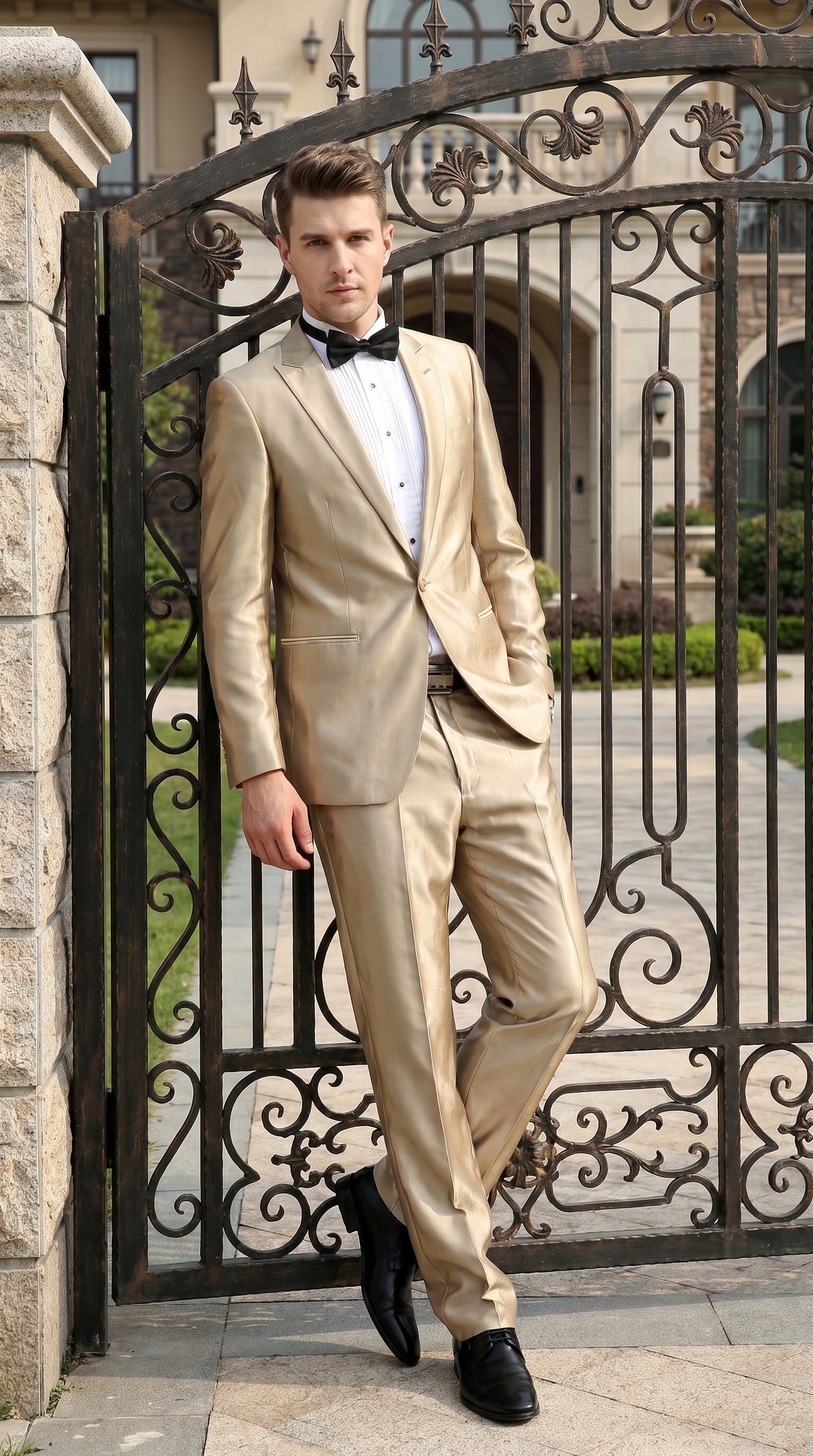 Men’s Champagne Tan Shiny Sharkskin 2 Button Suit, Formal Wedding Prom Dress Suit
