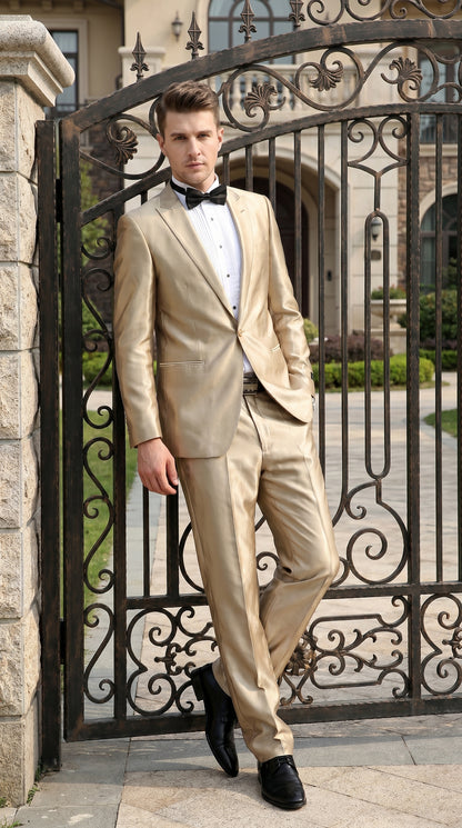 Men’s Champagne Tan Shiny Sharkskin 2 Button Suit, Formal Wedding Prom Dress Suit