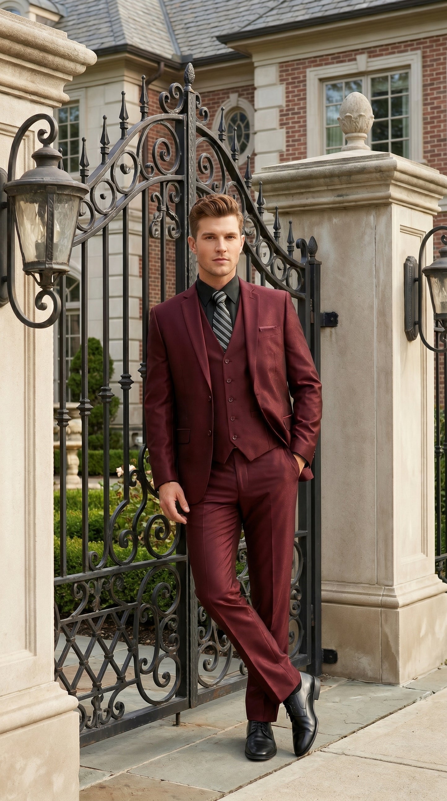 Men’s Burgundy Wine Maroon Sharkskin Vested Suit with Jacket, Vest and Pants