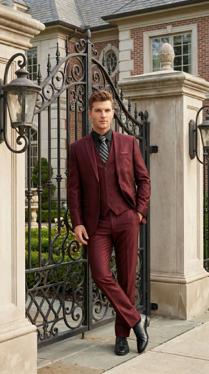 Men’s Burgundy Wine Maroon Sharkskin Vested Suit with Jacket, Vest and Pants