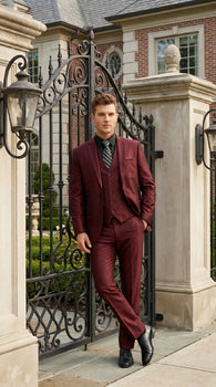 Men’s Burgundy Wine Maroon Sharkskin Vested Suit with Jacket, Vest and Pants