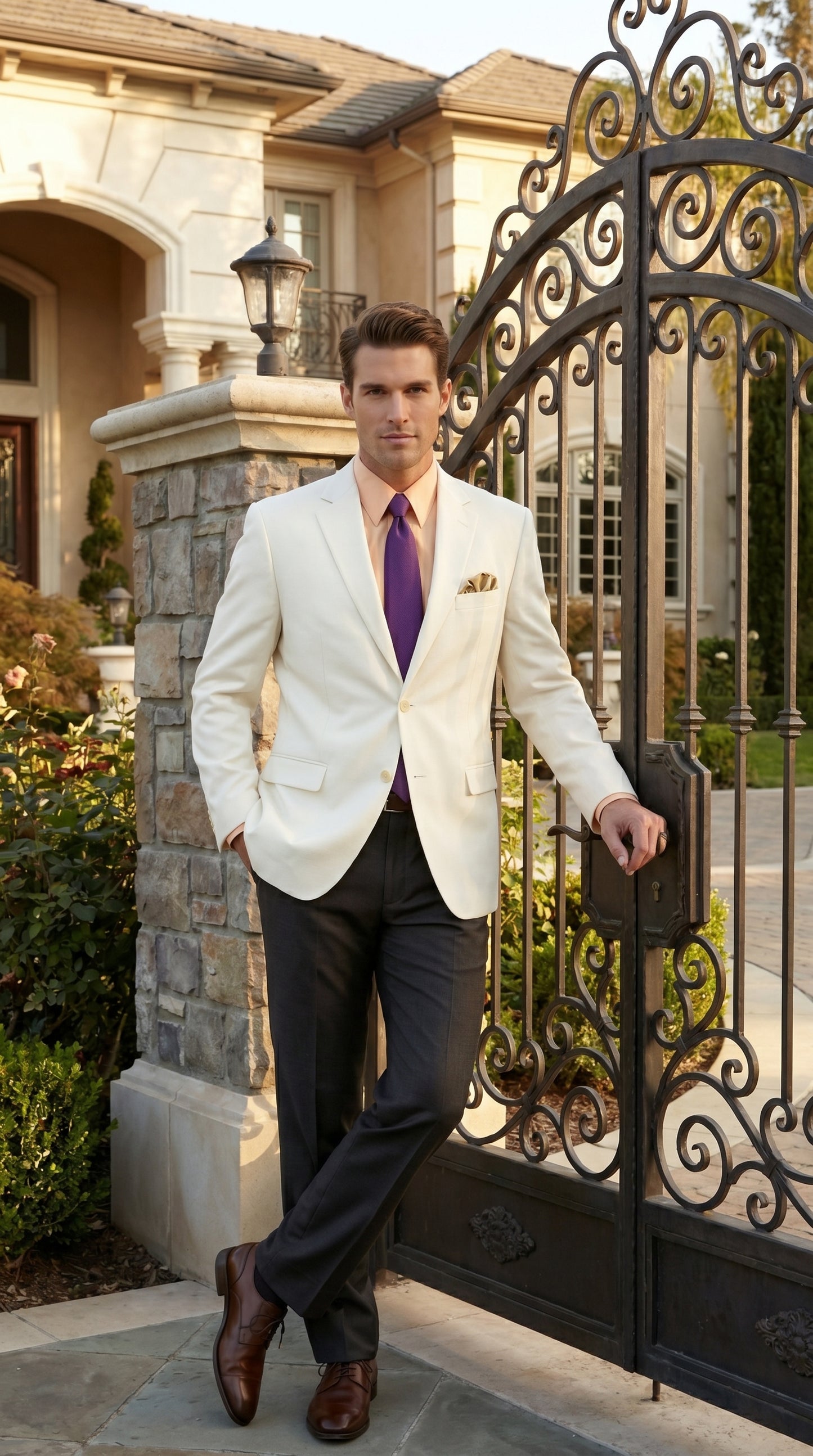 Men’s Ivory Cream Blazer with 2 Button Front, Off White Dress Casual Sport Coat