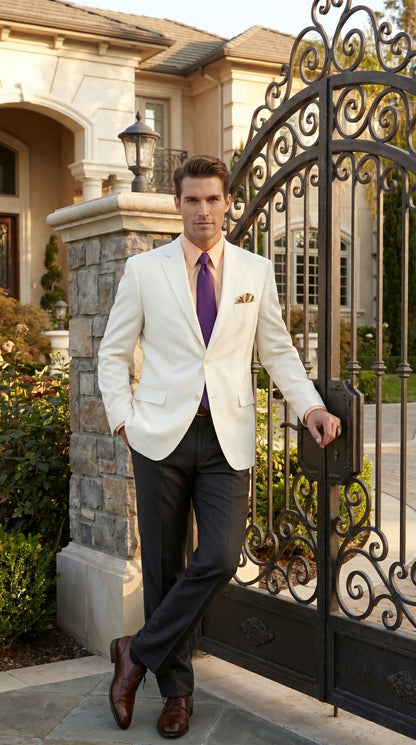 Men’s Ivory Cream Blazer with 2 Button Front, Off White Dress Casual Sport Coat
