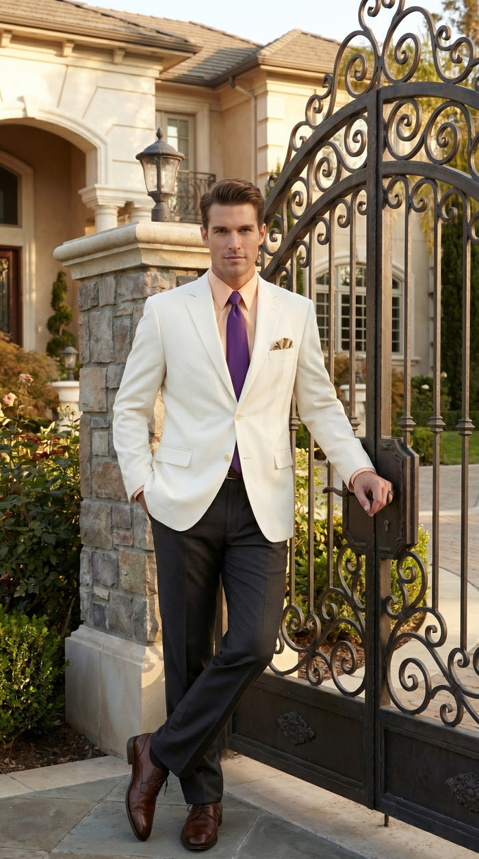 Men’s Ivory Cream Blazer with 2 Button Front, Off White Dress Casual Sport Coat