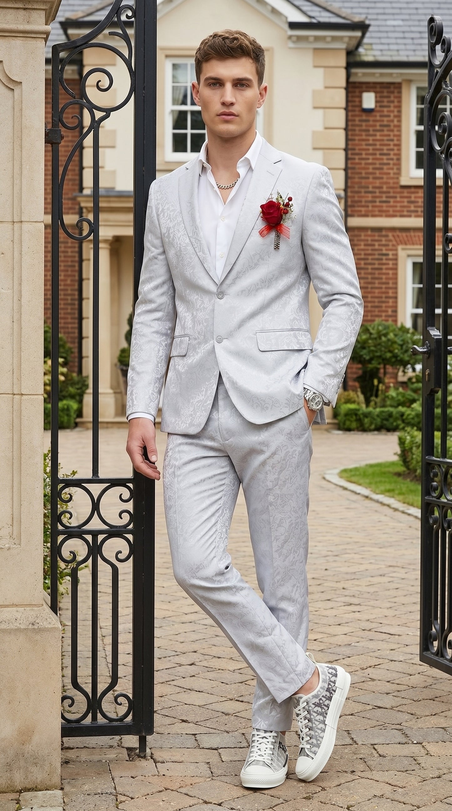 Men’s Silver Grey Shiny Paisley Graduation Suit, Formal Prom Wedding Dress Suit Modern Fit