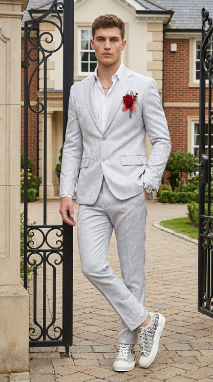 Men’s Silver Grey Shiny Paisley Graduation Suit, Formal Prom Wedding Dress Suit Modern Fit