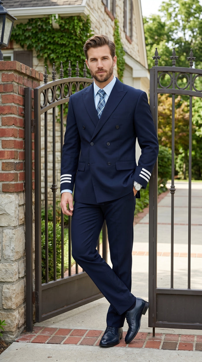 Men’s Dark Navy Blue Double Breasted 6 Button Suit, Classic Formal Wedding Business Suit