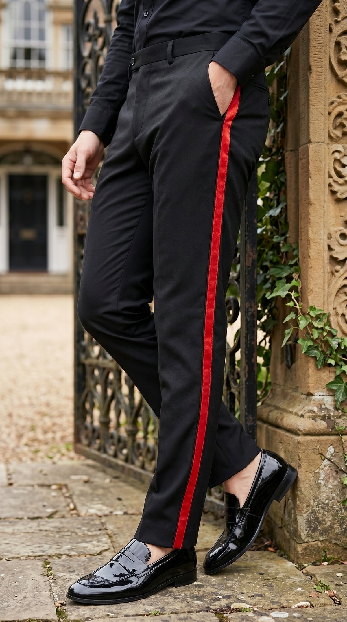 Men’s Black Tuxedo Pants with Red Satin Side Stripe, Classic Formal Slacks Unhemmed Bottom