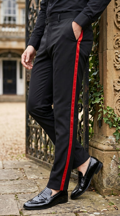 Men’s Black Tuxedo Pants with Red Satin Side Stripe, Classic Formal Slacks Unhemmed Bottom