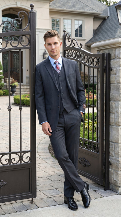 Men’s Charcoal Grey 2 Button Vested Business Suit, Formal Wedding Dress Suit