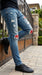 Men’s PX Indigo Denim Jeans with Quilted Red Patches, Distressed Slim Fit Fashion Jeans