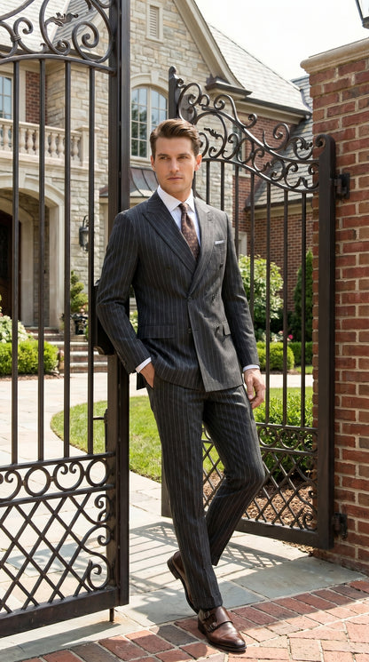 Men’s Grey Pinstripe Slim Fit Wool Suit with 2 Button Jacket and Peak Lapel