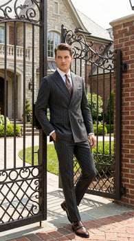 Men’s Grey Pinstripe Slim Fit Wool Suit with 2 Button Jacket and Peak Lapel