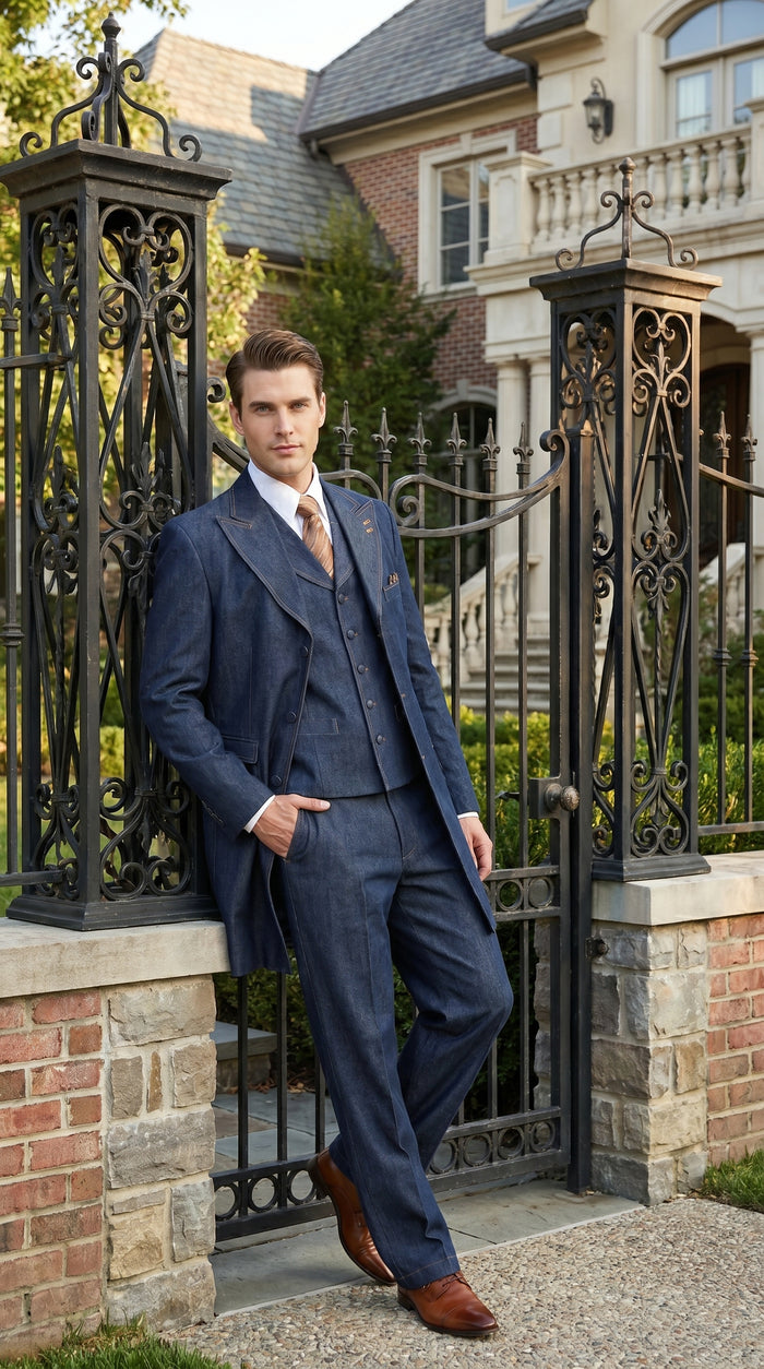 Men’s Blue Denim Zoot Suit with Long Jacket and Vest, Vintage Jeans Style Formal Outfit