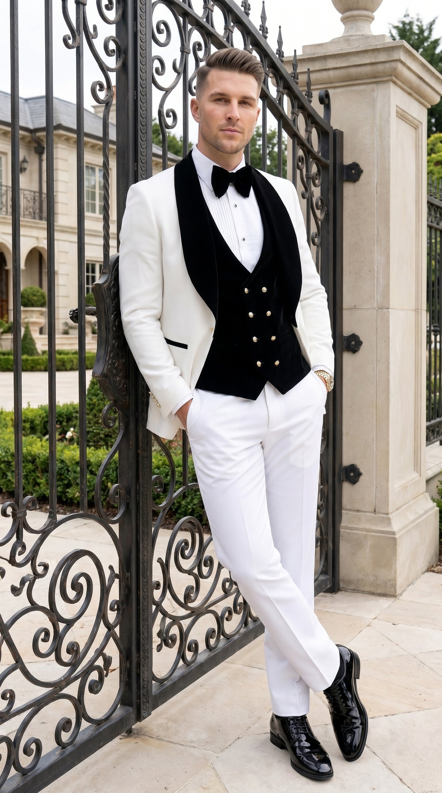 Men’s White and Black Wedding Tuxedo with Black Double Breasted Vest, Groom Prom Suit