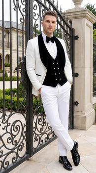 Men’s White and Black Wedding Tuxedo with Black Double Breasted Vest, Groom Prom Suit