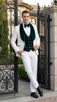 Men’s White and Dark Green Wedding Tuxedo with Double Breasted Vest, Wool Groom Prom Suit