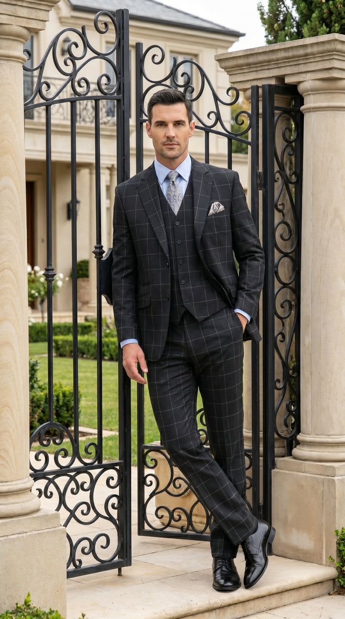 Men’s Black Windowpane Plaid 3 Piece Suit, 1920s Inspired Formal Dress Suit