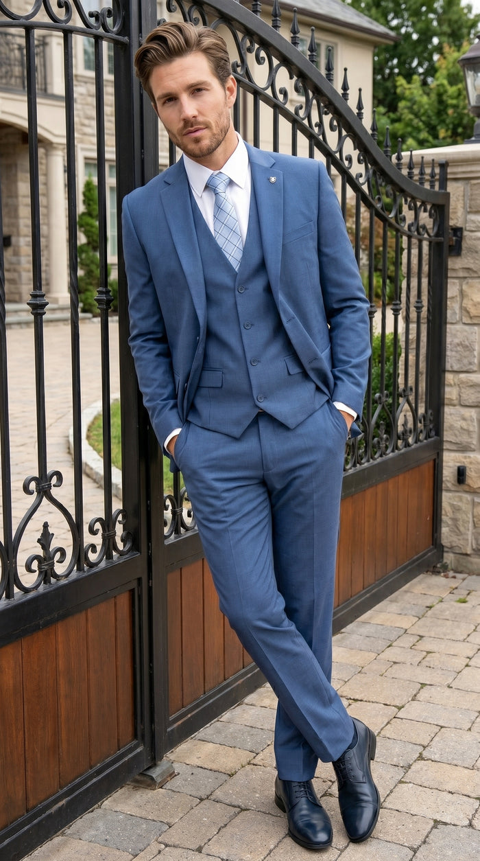 Men’s Stacy Adams Indigo Blue 3 Piece Suit with Vest, Modern Fit Formal Dress Suit