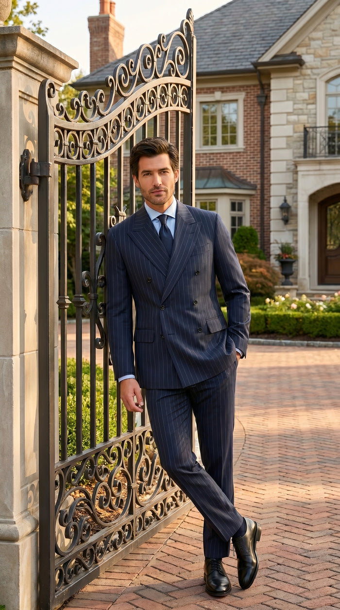 Men’s Kingsman Harrys Blue Pinstripe Double Breasted Suit, Formal Business Dress Suit